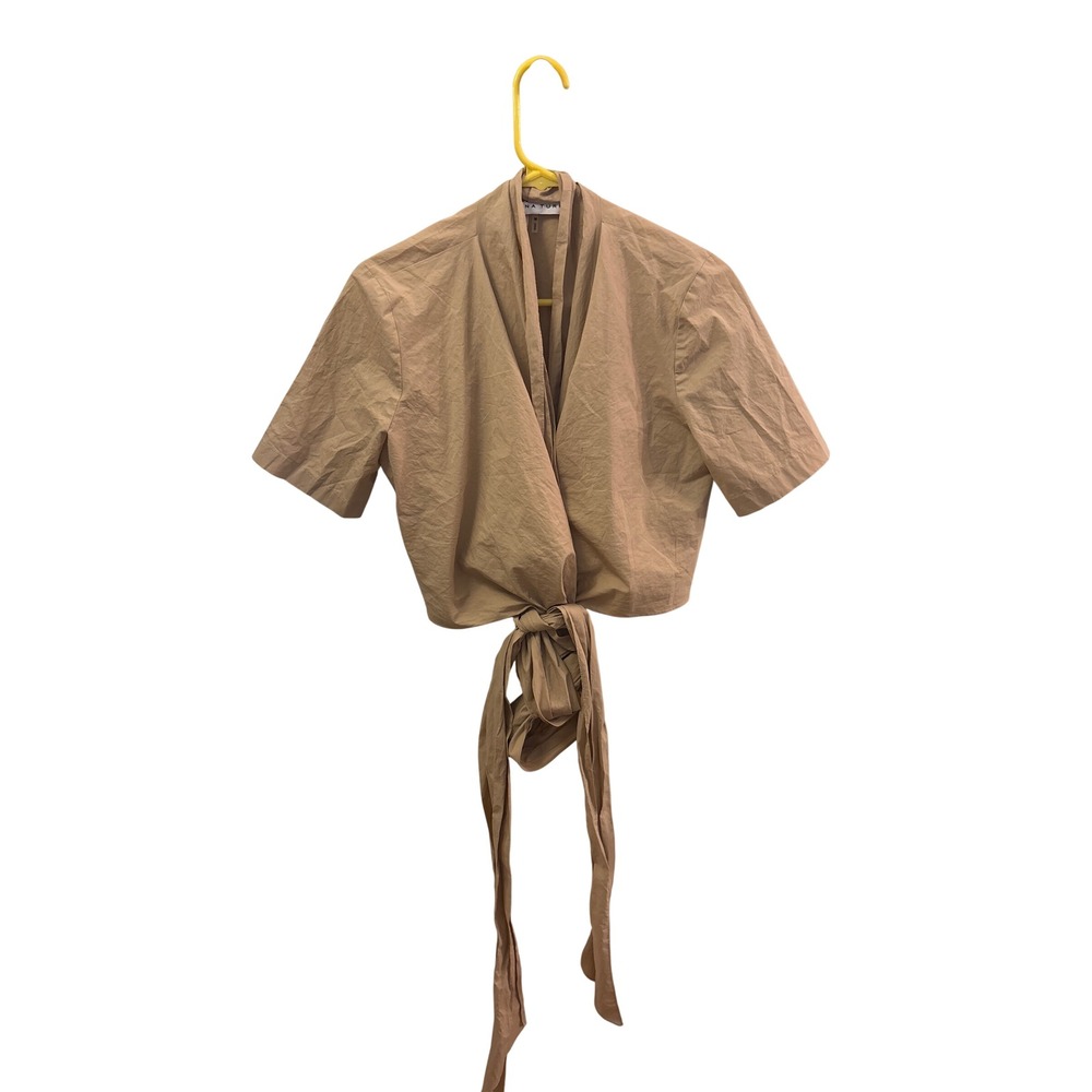 Trina Turk Womens Tan Khaki Short Sleeve Tie Front Wrap Cropped Top Size M